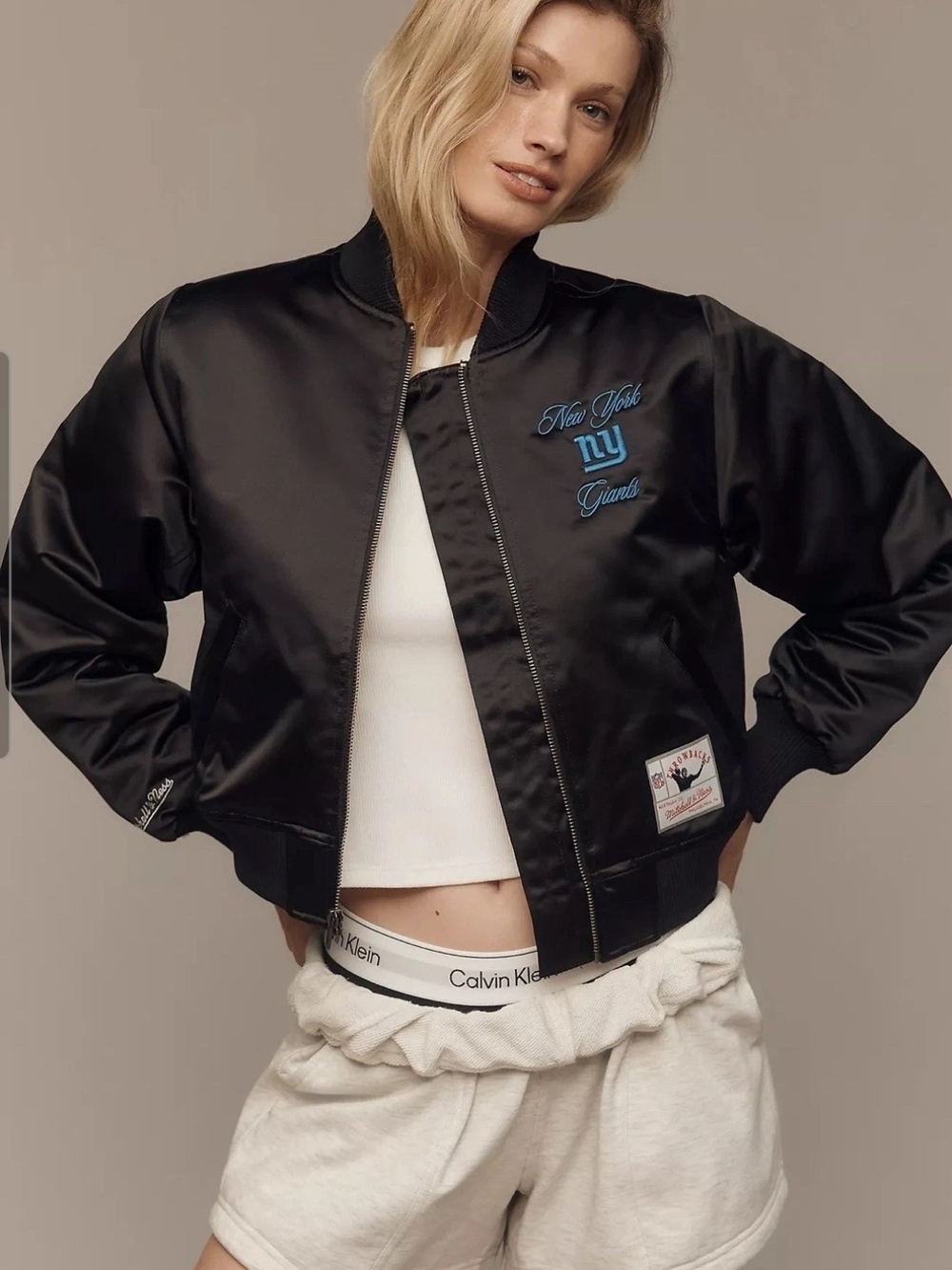 Mitchell & Ness NY Giants Crop Bomber Jacket Womens Small NWT NFL Satin Black